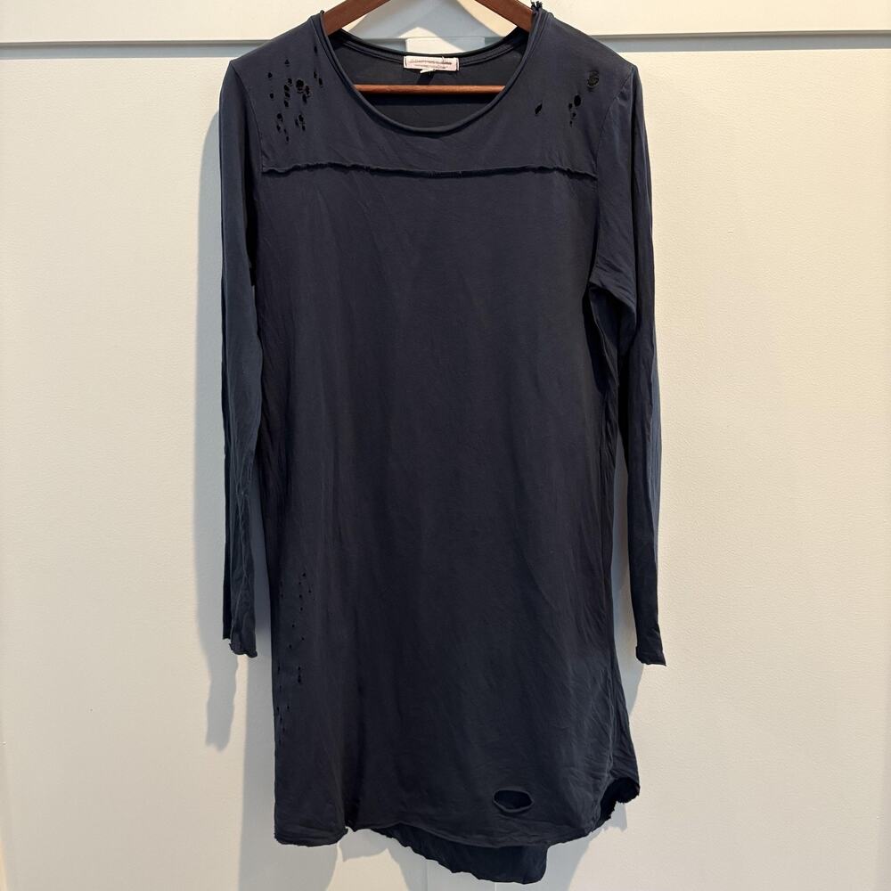 Don't Ask Why Tunic Top Medium Navy Distressed Long Sleeve Grunge Asymmetric Hem
